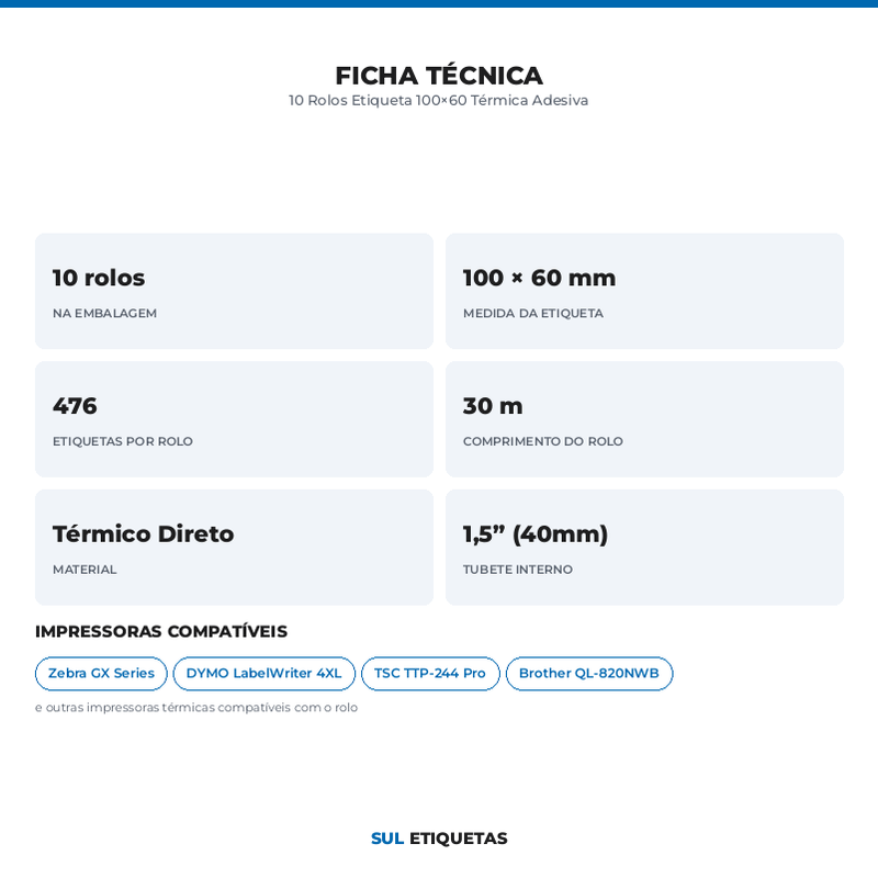 10 Rolos Etiqueta 100×60 Térmica Adesiva