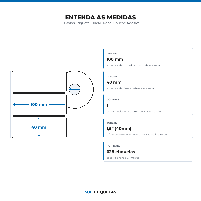 10 Rolos Etiqueta 100x40 Papel Couche Adesiva