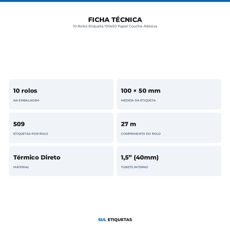 10 Rolos Etiqueta 100x50 Papel Couche Adesiva