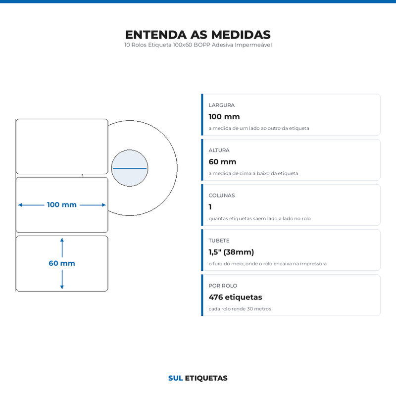 10 Rolos Etiqueta 100x60 BOPP Adesiva Impermeável