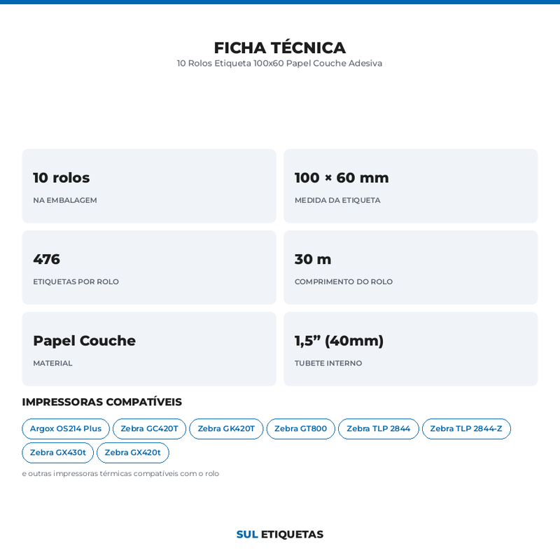 10 Rolos Etiqueta 100x60 Papel Couche Adesiva