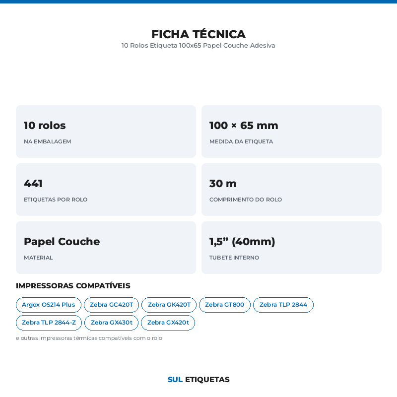 10 Rolos Etiqueta 100x65 Papel Couche Adesiva
