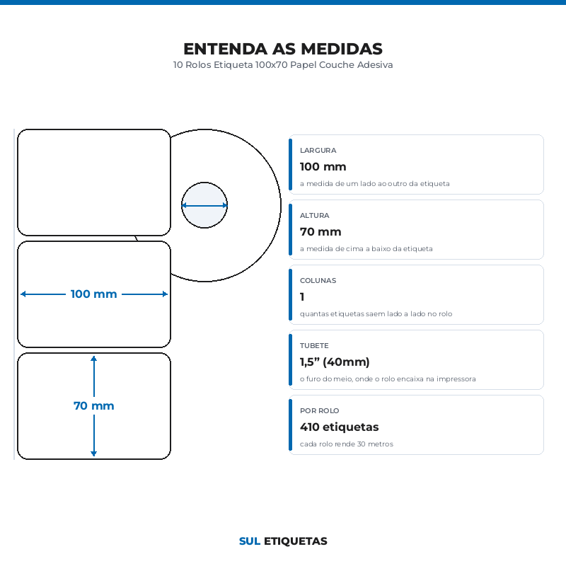10 Rolos Etiqueta 100x70 Papel Couche Adesiva