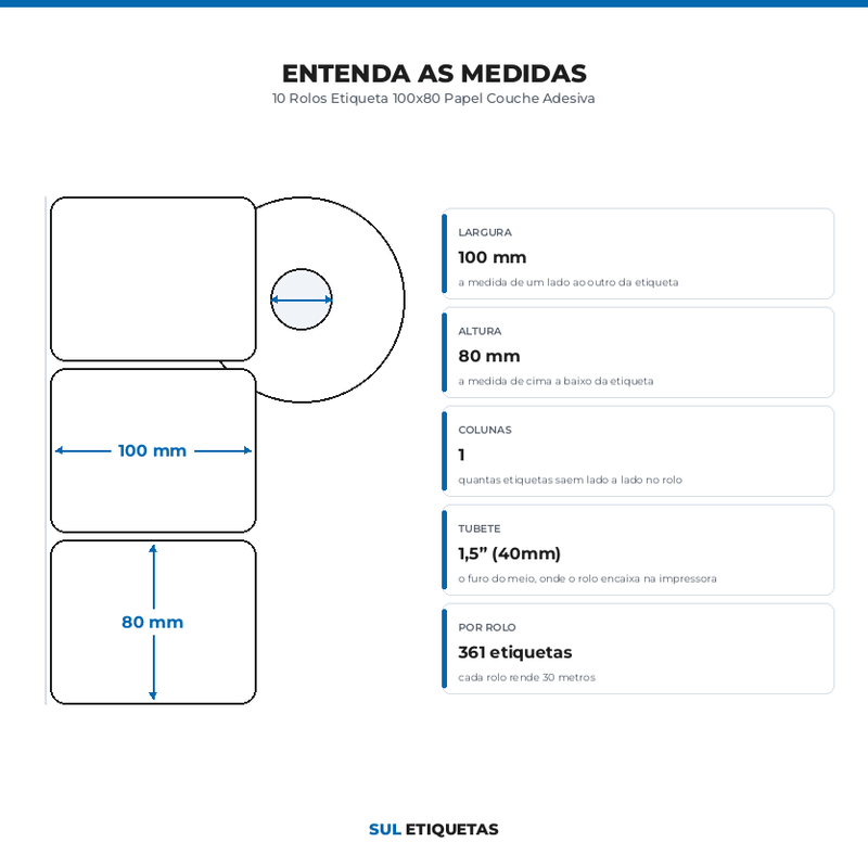 10 Rolos Etiqueta 100x80 Papel Couche Adesiva