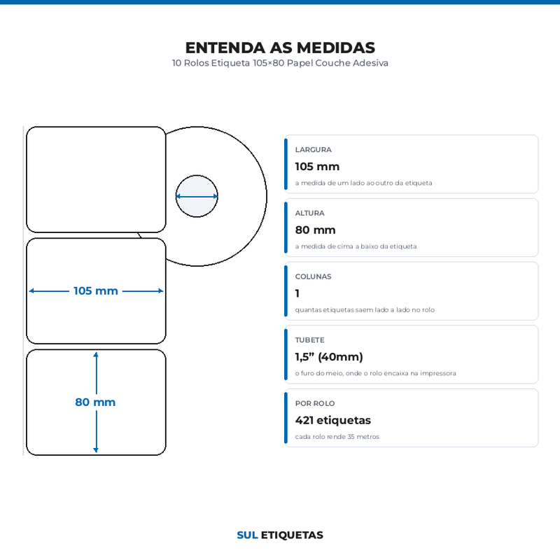 10 Rolos Etiqueta 105×80 Papel Couche Adesiva
