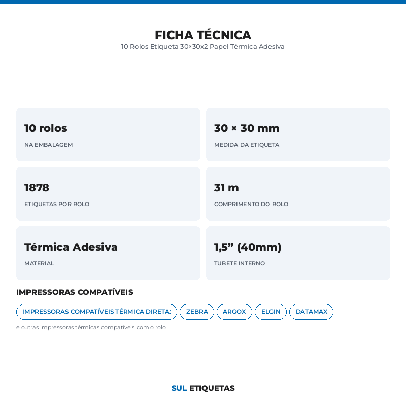 10 Rolos Etiqueta 30×30x2 Papel Térmica Adesiva