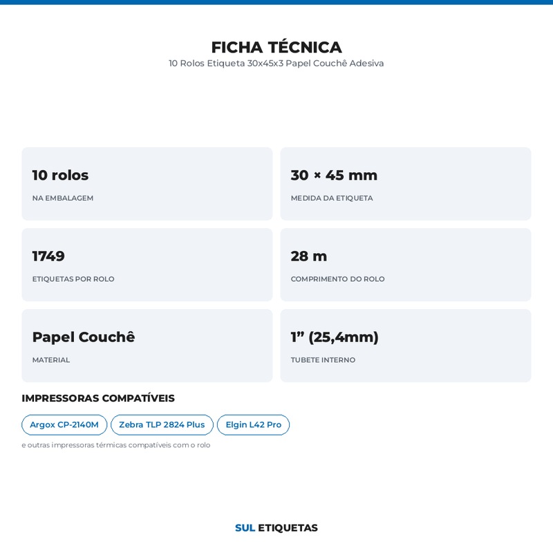 10 Rolos Etiqueta 30x45x3 Papel Couchê Adesiva