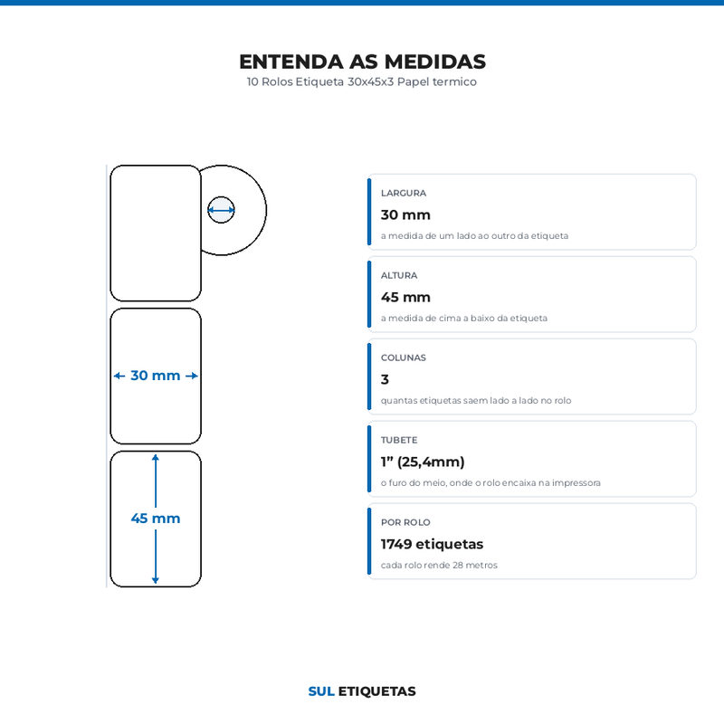 10 Rolos Etiqueta 30x45x3 Papel termico