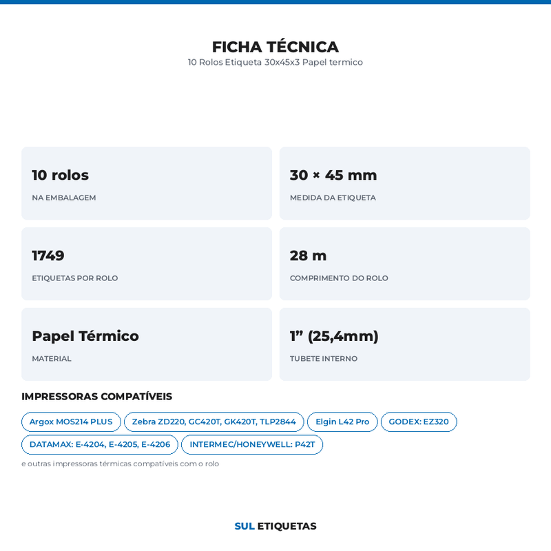 10 Rolos Etiqueta 30x45x3 Papel termico