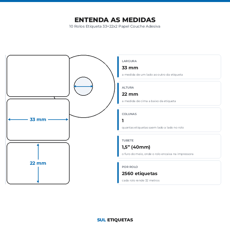 10 Rolos Etiqueta 33×22x2 Papel Couche Adesiva