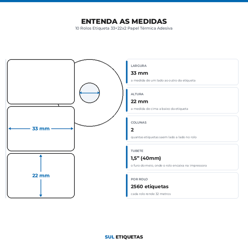 10 Rolos Etiqueta 33×22x2 Papel Térmica Adesiva