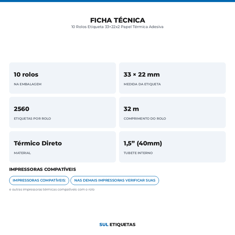 10 Rolos Etiqueta 33×22x2 Papel Térmica Adesiva