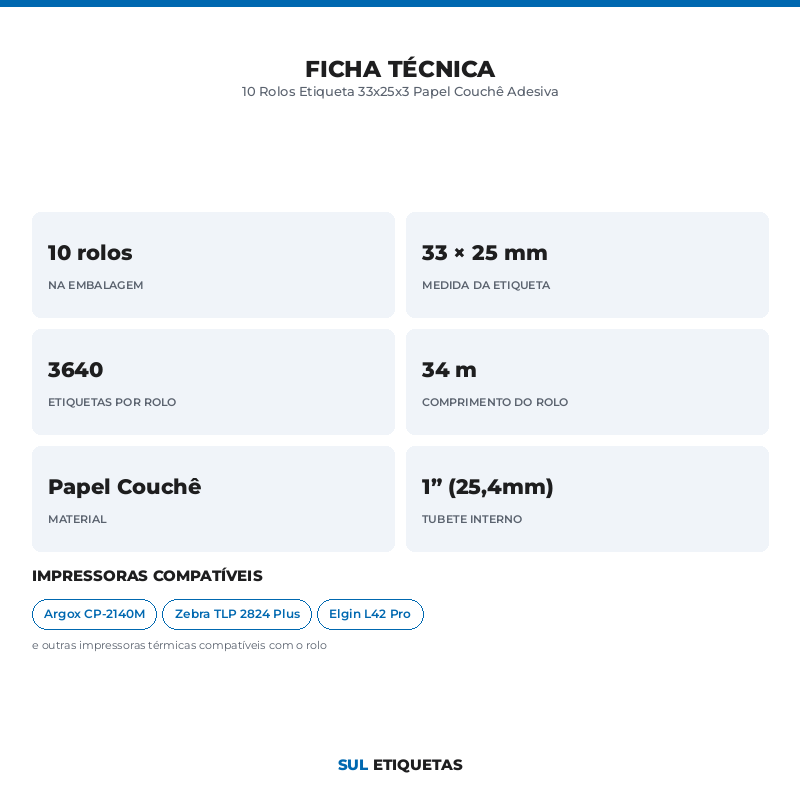 10 Rolos Etiqueta 33x25x3 Papel Couchê Adesiva
