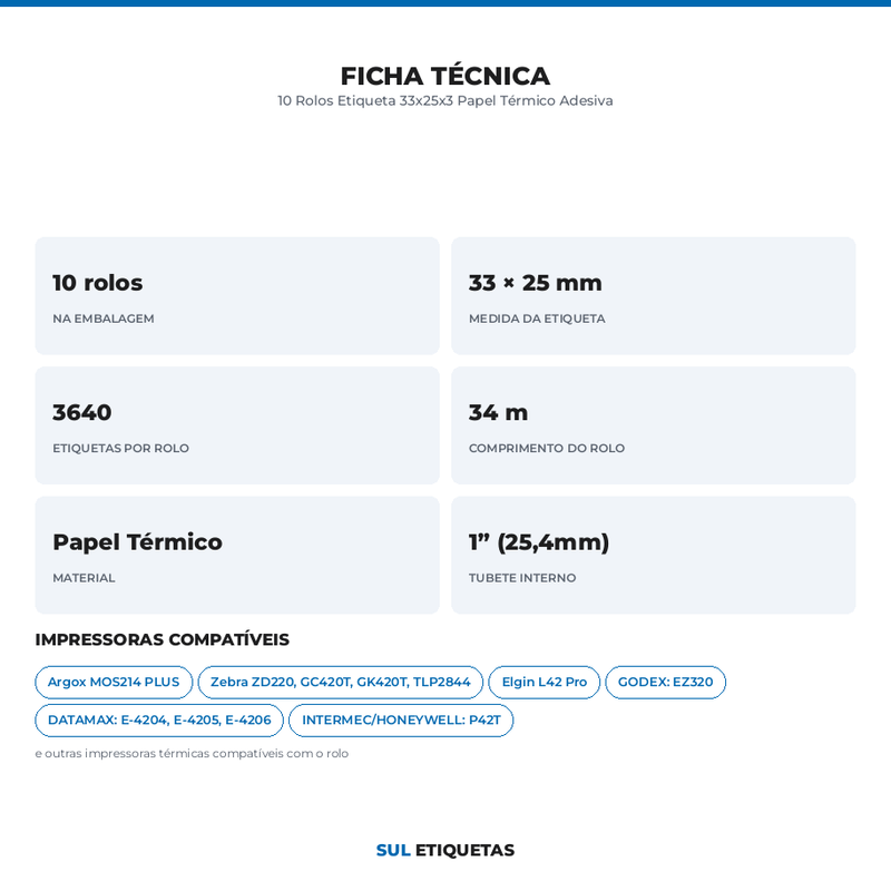10 Rolos Etiqueta 33x25x3 Papel Térmico Adesiva