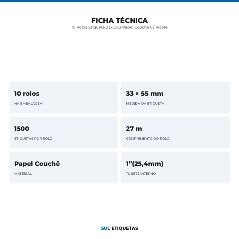 10 Rolos Etiqueta 33x55x3 Papel Couchê C/ Picote