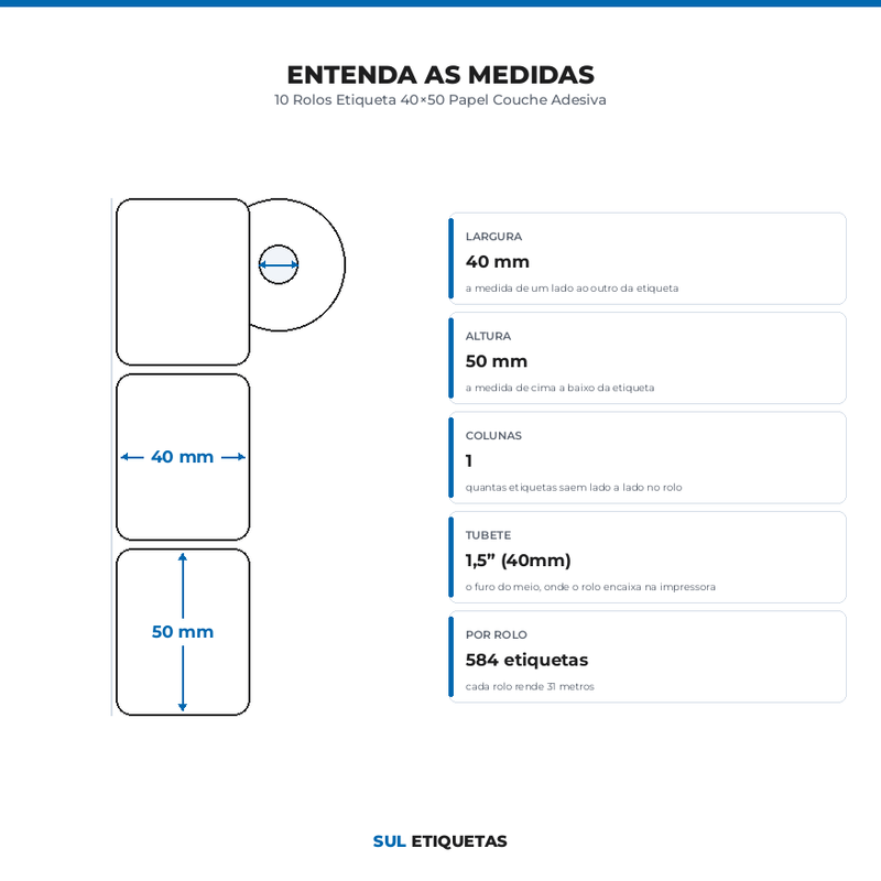 10 Rolos Etiqueta 40×50 Papel Couche Adesiva