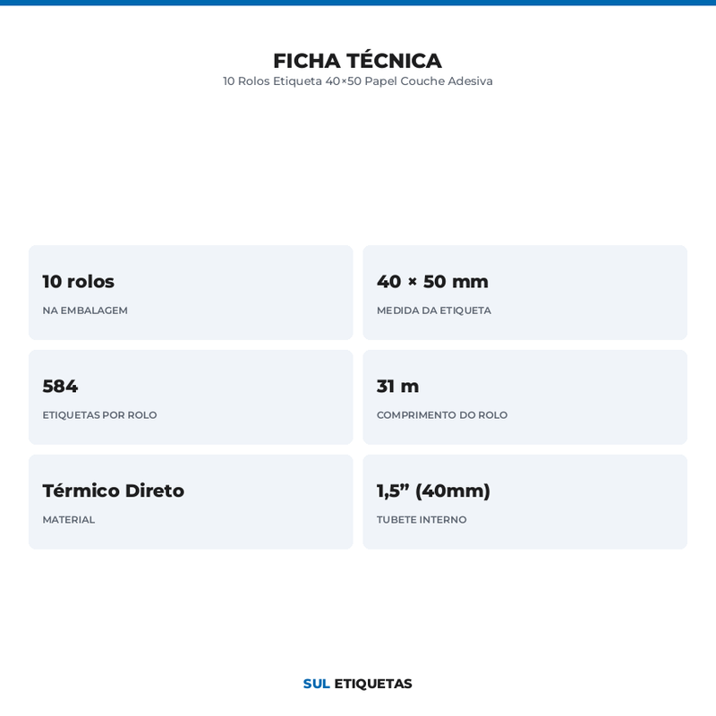 10 Rolos Etiqueta 40×50 Papel Couche Adesiva