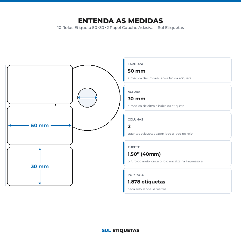10 Rolos Etiqueta 50×30×2 Papel Couche Adesiva – Sul Etiquetas