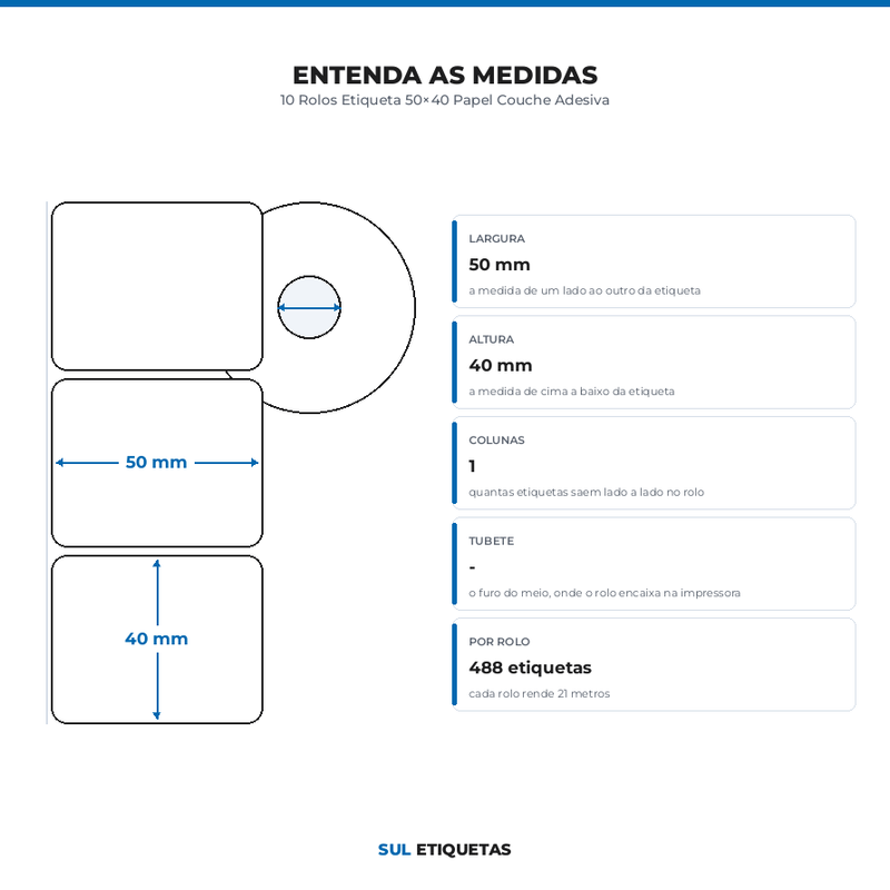 10 Rolos Etiqueta 50×40 Papel Couche Adesiva