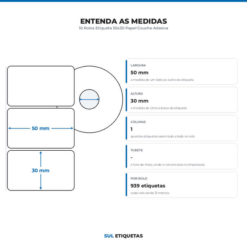 10 Rolos Etiqueta 50x30 Papel Couche Adesiva