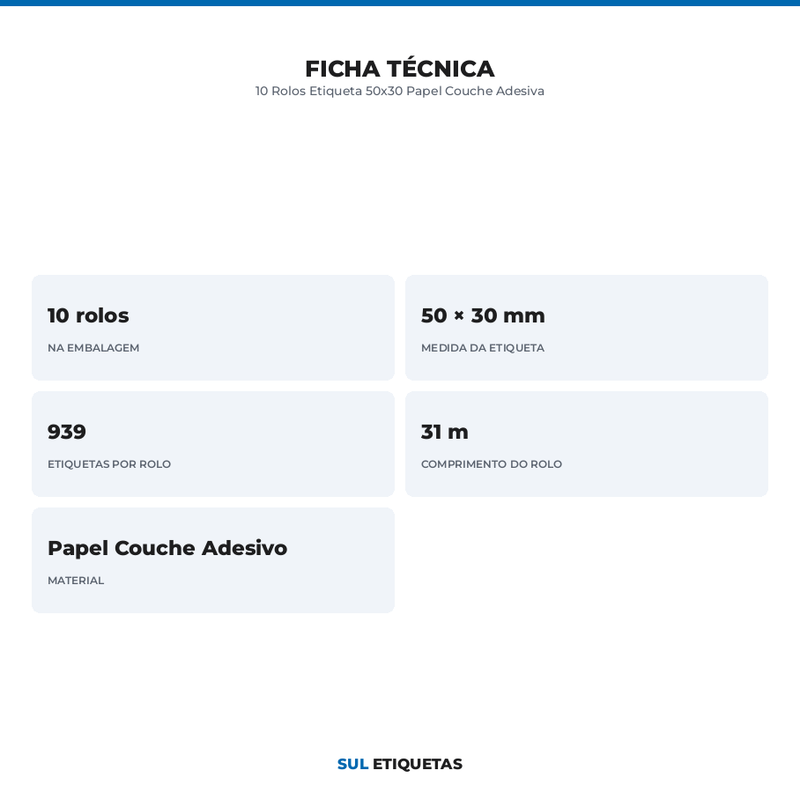 10 Rolos Etiqueta 50x30 Papel Couche Adesiva