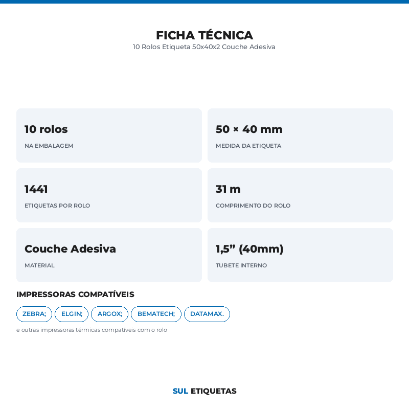 10 Rolos Etiqueta 50x40x2 Couche Adesiva
