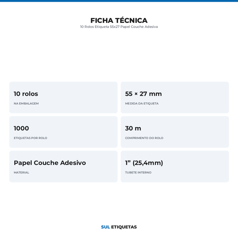 10 Rolos Etiqueta 55x27 Papel Couche Adesiva