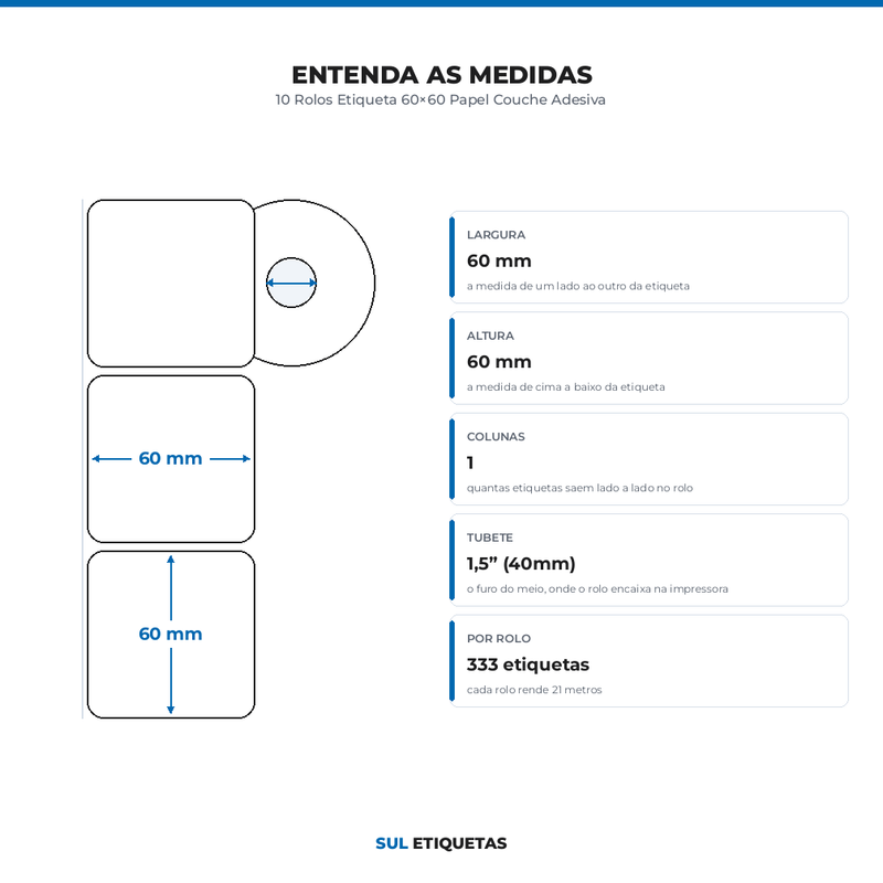 10 Rolos Etiqueta 60×60 Papel Couche Adesiva