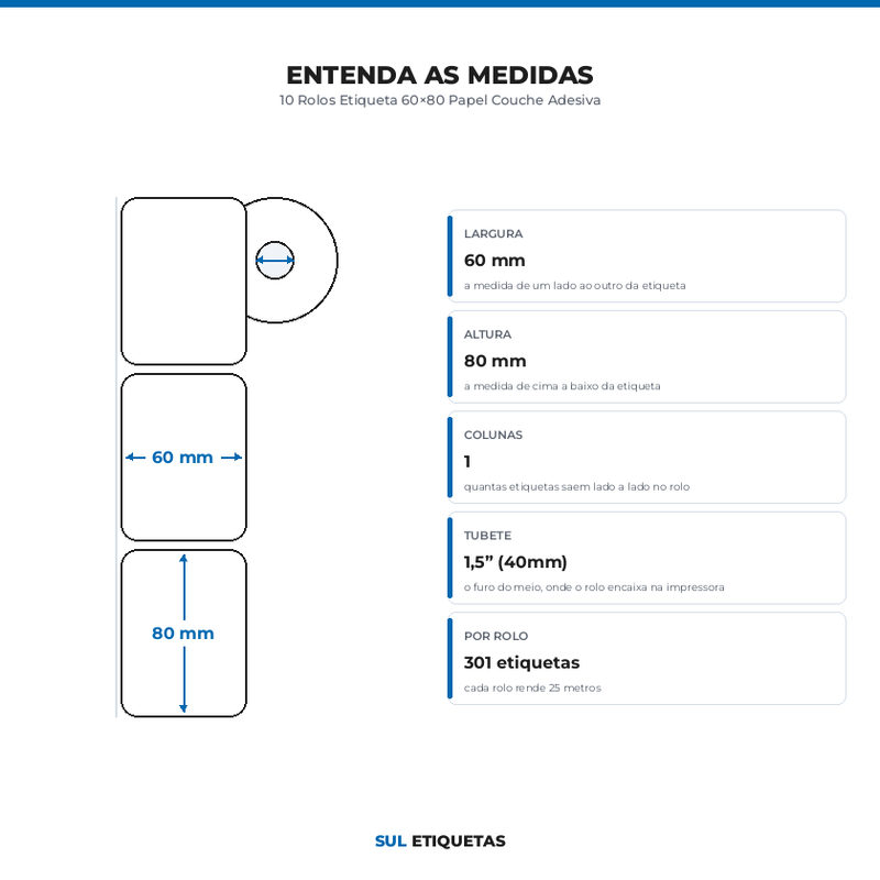 10 Rolos Etiqueta 60×80 Papel Couche Adesiva