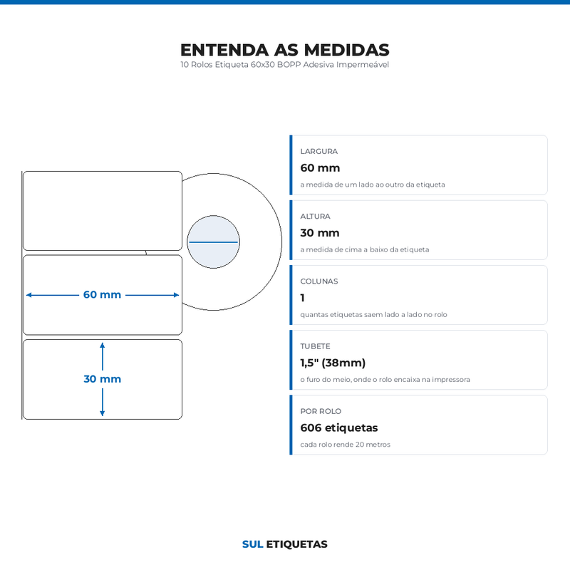 10 Rolos Etiqueta 60x30 BOPP Adesiva Impermeável