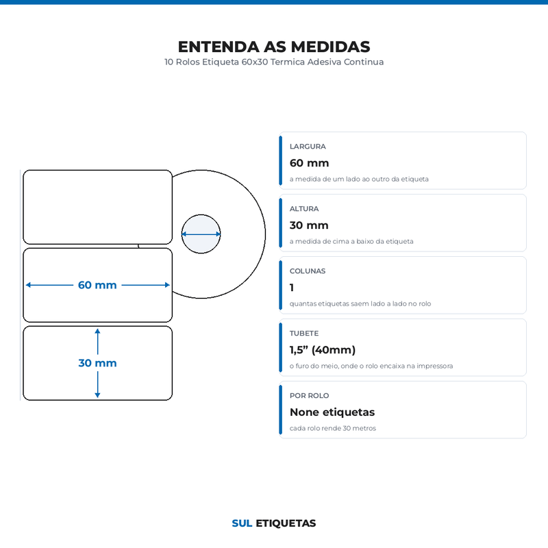 10 Rolos Etiqueta 60x30 Termica Adesiva Continua