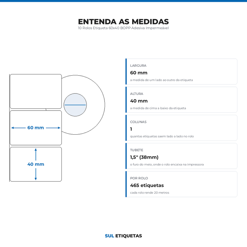 10 Rolos Etiqueta 60x40 BOPP Adesiva Impermeável