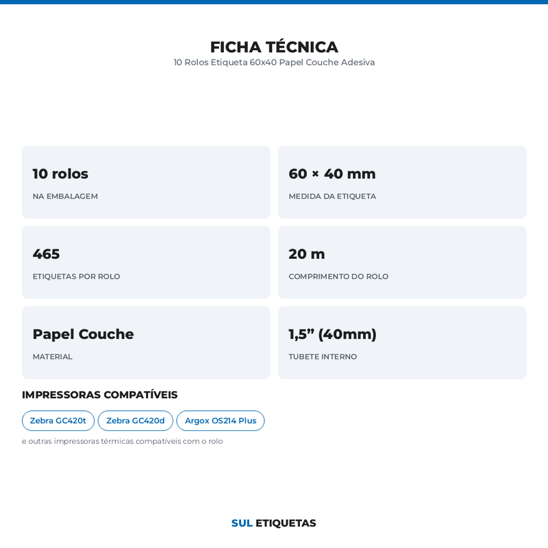 10 Rolos Etiqueta 60x40 Papel Couche Adesiva
