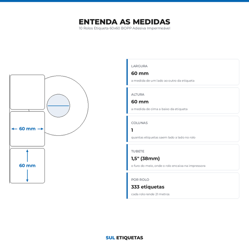 10 Rolos Etiqueta 60x60 BOPP Adesiva Impermeável