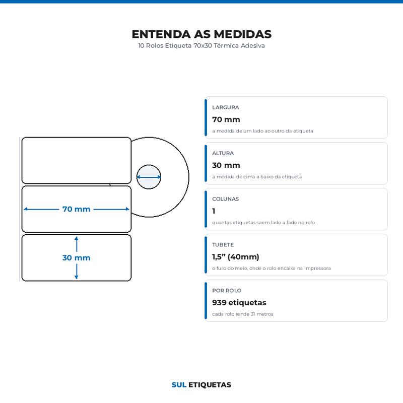 10 Rolos Etiqueta 70x30 Térmica Adesiva
