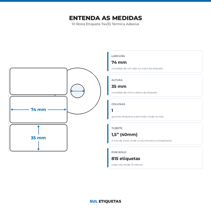 10 Rolos Etiqueta 74x35 Térmica Adesiva