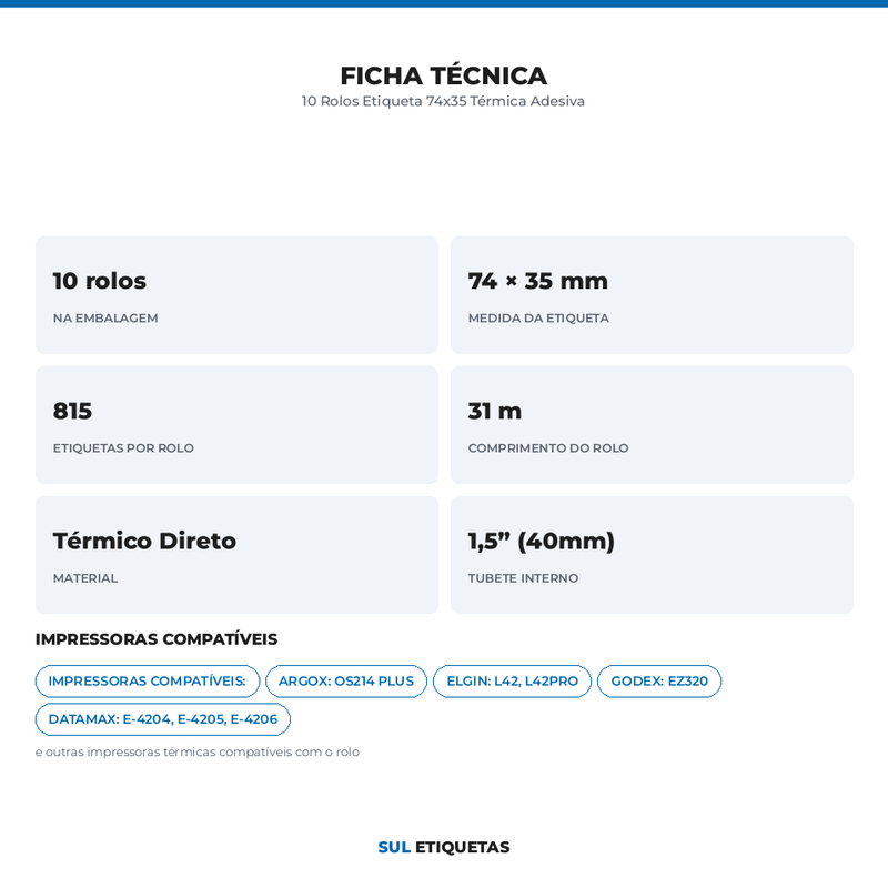 10 Rolos Etiqueta 74x35 Térmica Adesiva