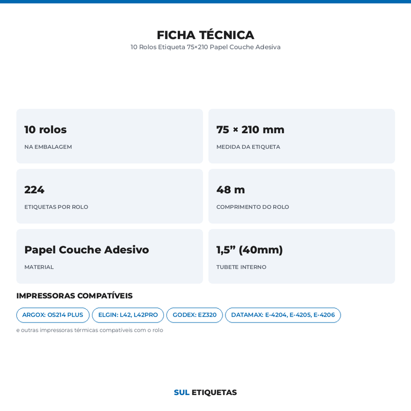 10 Rolos Etiqueta 75×210 Papel Couche Adesiva