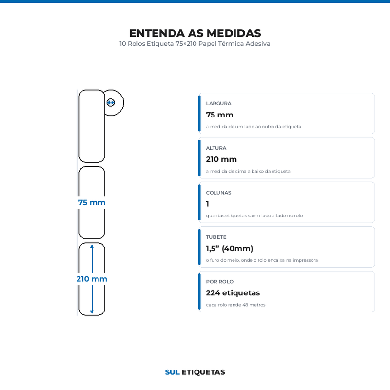 10 Rolos Etiqueta 75×210 Papel Térmica Adesiva