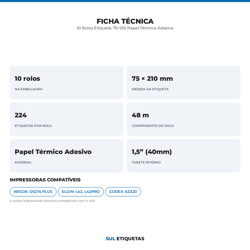 10 Rolos Etiqueta 75×210 Papel Térmica Adesiva
