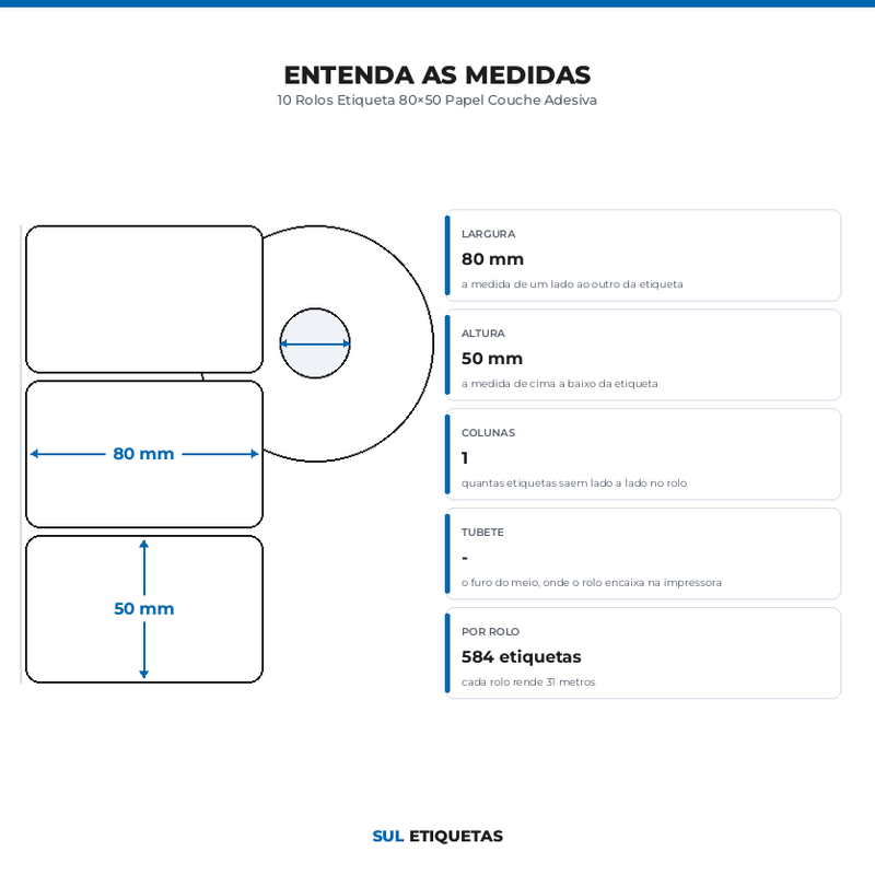 10 Rolos Etiqueta 80×50 Papel Couche Adesiva