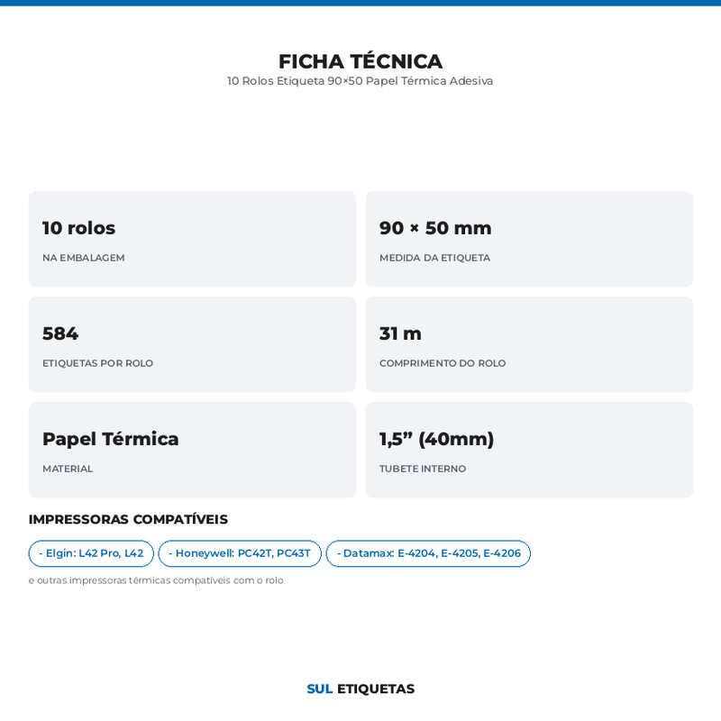 10 Rolos Etiqueta 90×50 Papel Térmica Adesiva