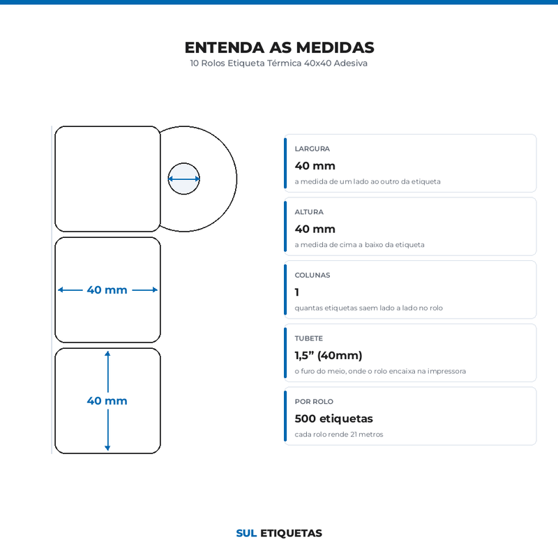 10 Rolos Etiqueta Térmica 40x40 Adesiva
