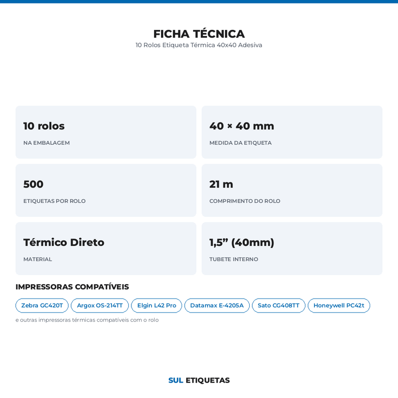 10 Rolos Etiqueta Térmica 40x40 Adesiva