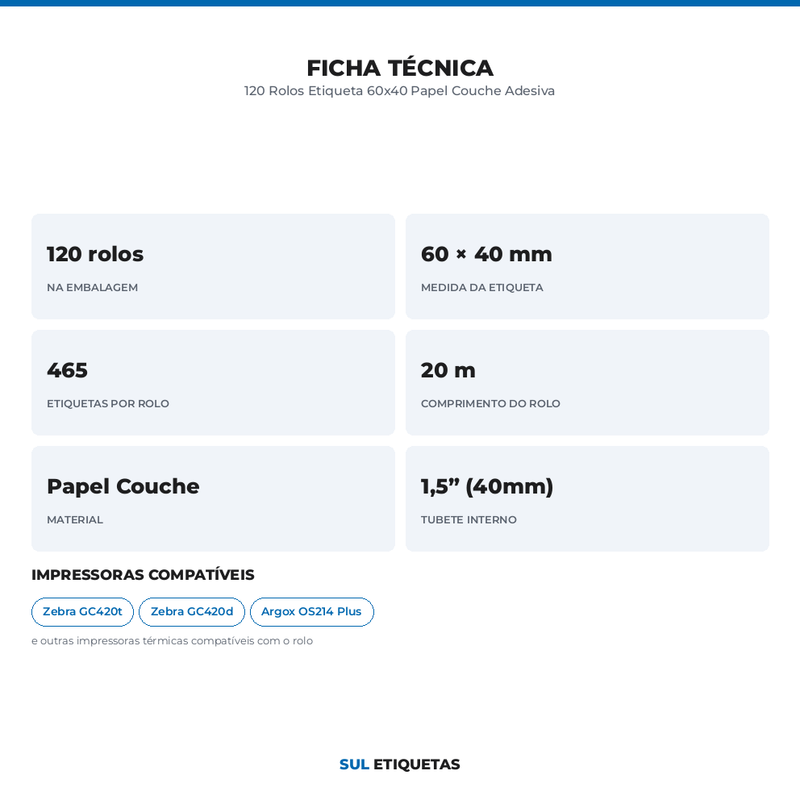 120 Rolos Etiqueta 60x40 Papel Couche Adesiva