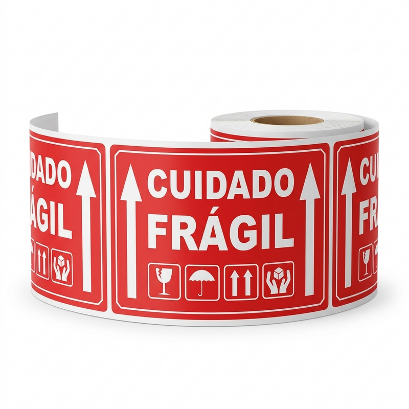 Rolo Etiqueta Adesiva 100x150 Cuidado Frágil Vermelha com Ícones