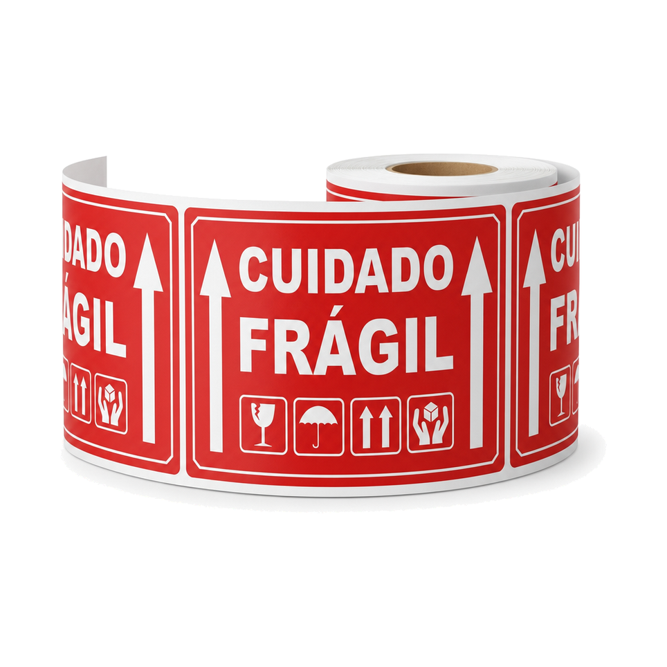 Rolo Etiqueta Adesiva 100x150 Cuidado Frágil Vermelha com Ícones
