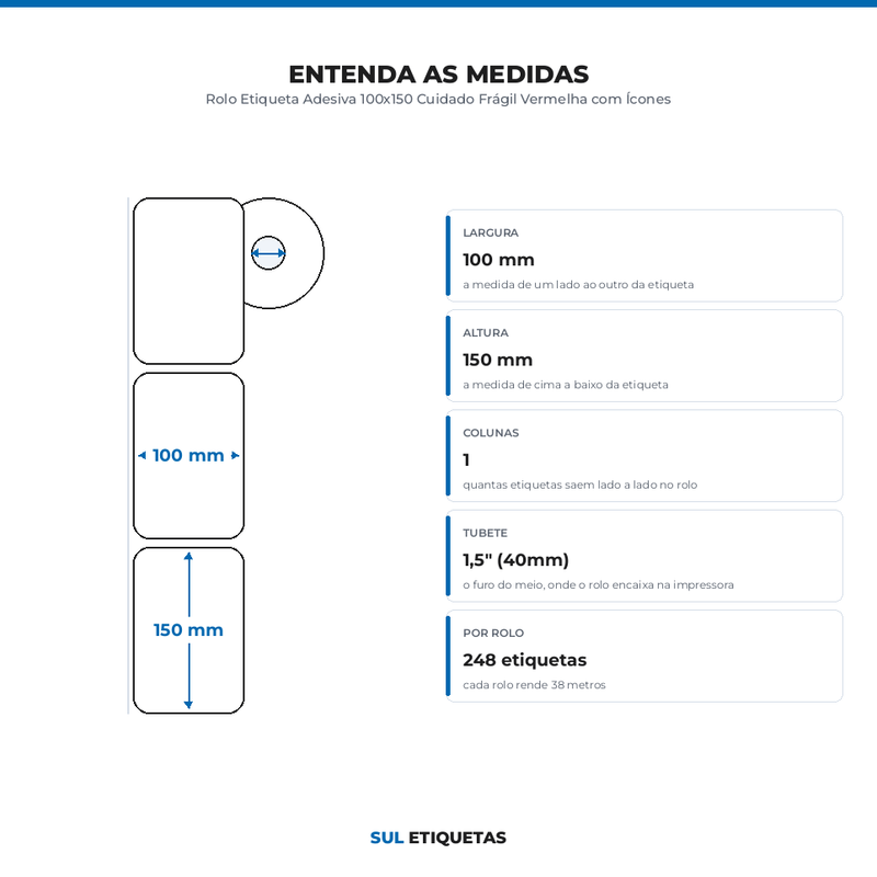 Rolo Etiqueta Adesiva 100x150 Cuidado Frágil Vermelha com Ícones