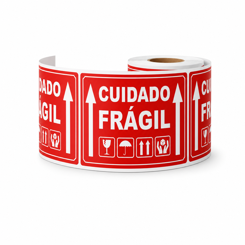 Rolo Etiqueta Adesiva 60x40 Cuidado Frágil Vermelha com Ícones