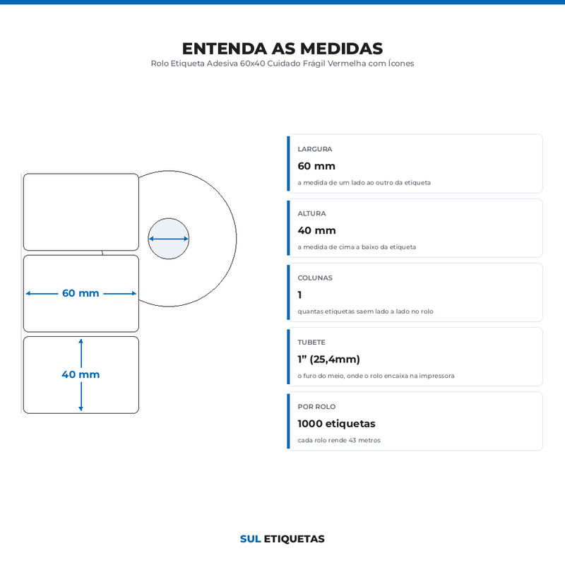 Rolo Etiqueta Adesiva 60x40 Cuidado Frágil Vermelha com Ícones